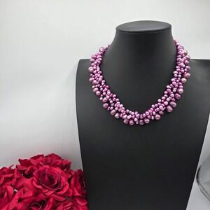 Magenta Pink Multi-Strand Freshwater Pearl Necklace 3-Row Slide Clasp 18in